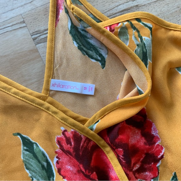 XHILARATION FLORAL DEEP V-NECK STRAPPY WRAP-FRONT JUMPER, MUSTARD Size M - Picture 3 of 6